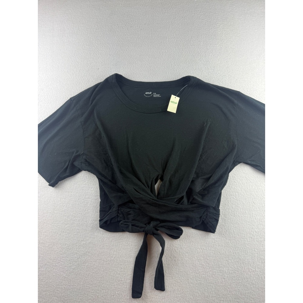 Aerie Womens Black Twist Front Tie Hem Cropped T-Shirt Short Sleeve Medium‎ NWT